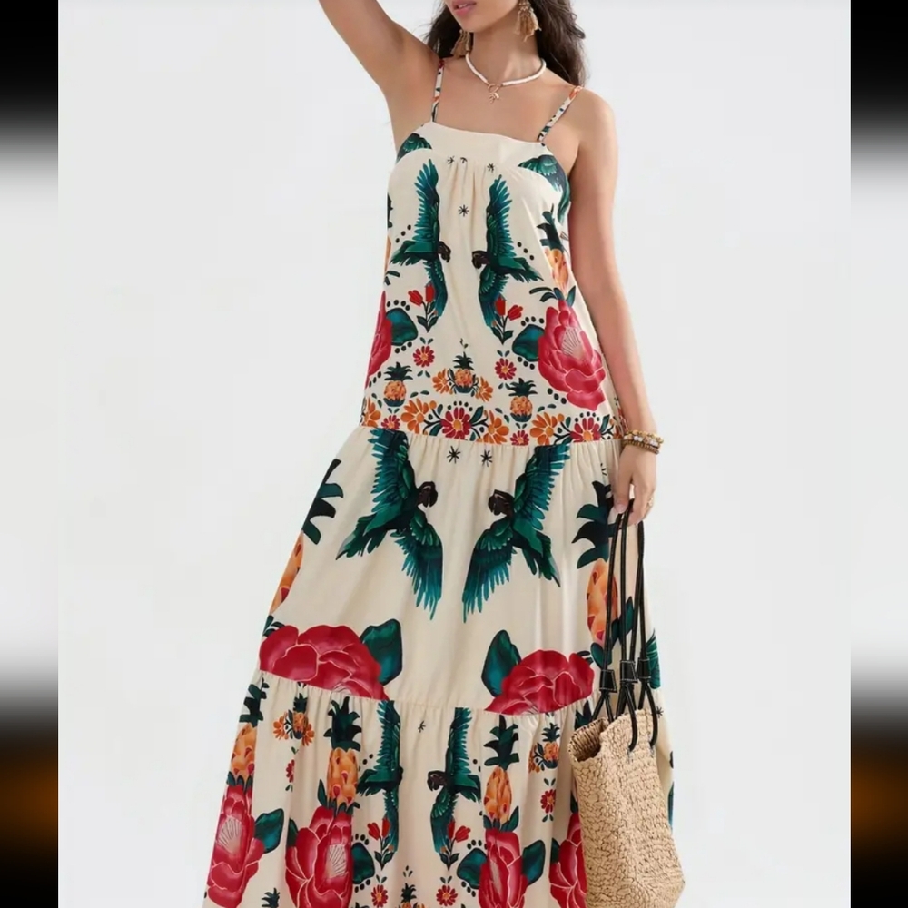Beautiful tribal print in luxurious bright colored print square neck maxi dress - Picture 11 of 13